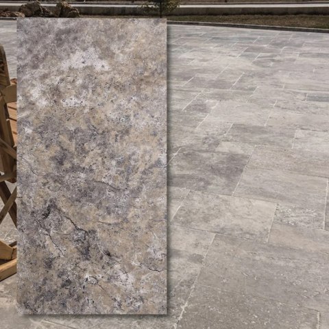 Trawertyn Ash Argent Antykowany Bębnowany 40,6x61x3 cm